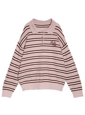 ボーダー柄ロゴ刺繍ポロニットトップス