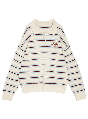 ボーダー柄ロゴ刺繍ポロニットトップス