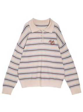 ボーダー柄ロゴ刺繍ポロニットトップス