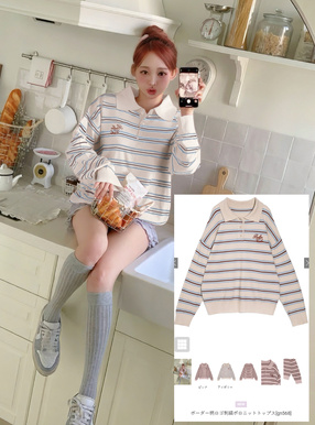 ボーダー柄ロゴ刺繍ポロニットトップス