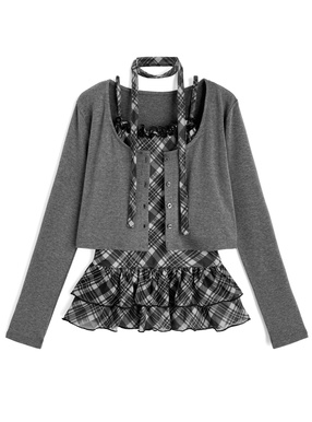 タイ付きチェック柄フリルキャミソール×カーディガンアンサンブル