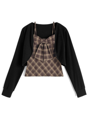 チェック柄リボンキャミソール×ボレロアンサンブル