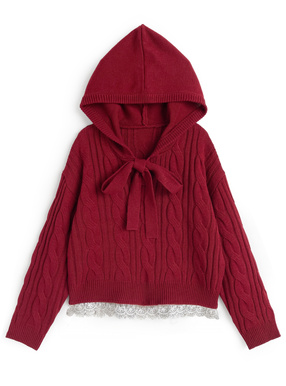 フード付きリボンケーブル編みニットトップス