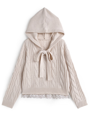 フード付きリボンケーブル編みニットトップス