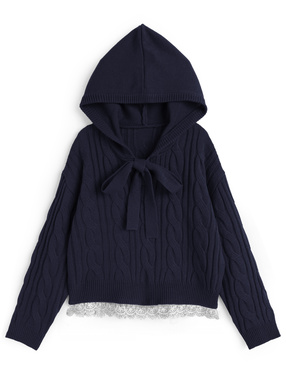 フード付きリボンケーブル編みニットトップス