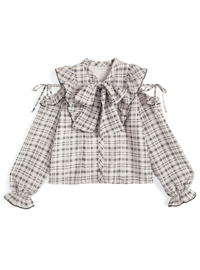 チェック柄オープンショルダーリボンブラウス