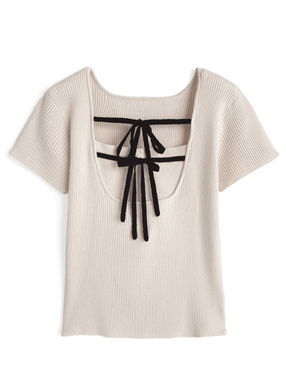 配色ダブルリボンリブニットトップス