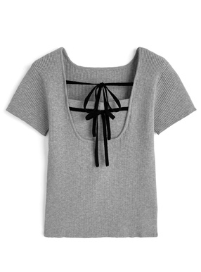 配色ダブルリボンリブニットトップス