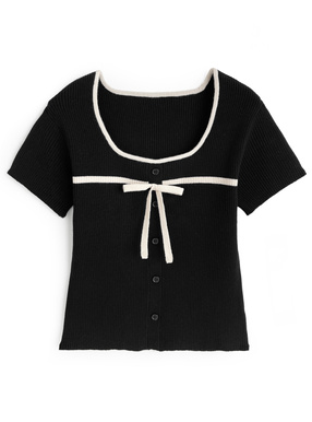 配色リボンリブニットトップス