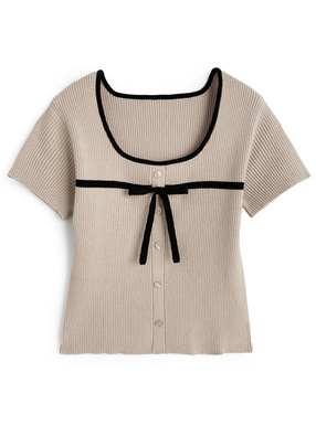 配色リボンリブニットトップス