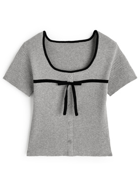 配色リボンリブニットトップス