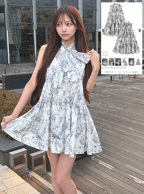 花柄リボンタイノースリーブミニワンピース