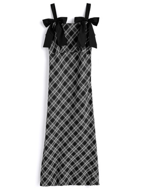 バイアスチェック柄ダブルリボンワンピース