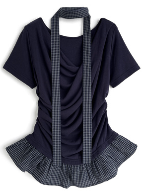 タイ付きチェック柄フリルドレープトップス