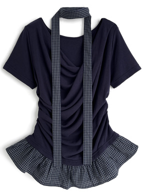 タイ付きチェック柄フリルドレープトップス