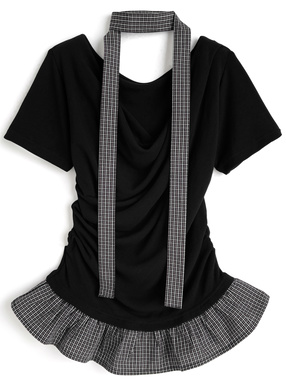 タイ付きチェック柄フリルドレープトップス