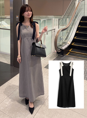 ショルダーリボンノースリーブロングワンピース