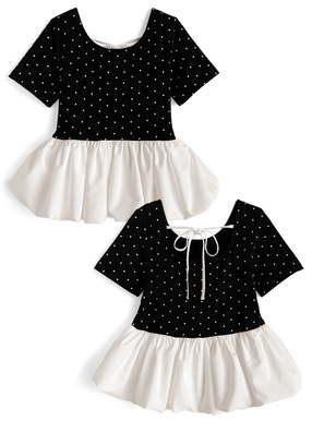 ドット柄バックリボンバルーンペプラムトップス