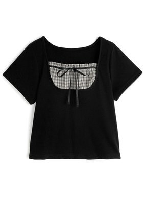 チェック柄ギャザーリボンレイヤード風リブトップス