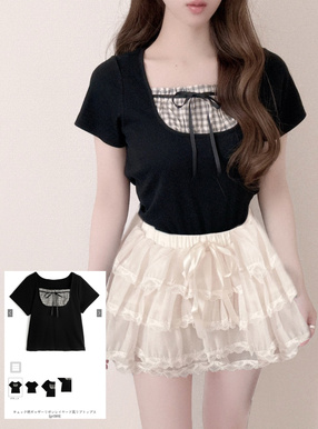 チェック柄ギャザーリボンレイヤード風リブトップス