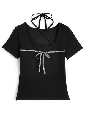 チェック柄リボンクロスネックトップス