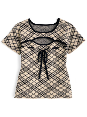 チェック柄リボンニットトップス