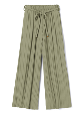 リボンベルト付きプリーツワイドパンツ