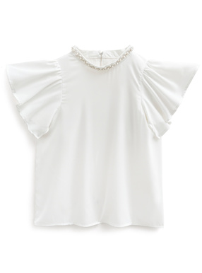 ビジューネックフレアスリーブブラウス