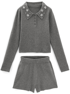 ビジューフラワーポロシャツxショートパンツニットセットアップ