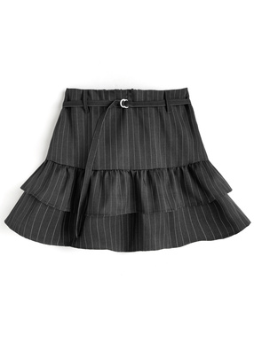 インパン裏地・ベルト付きストライプ柄フリルスカート