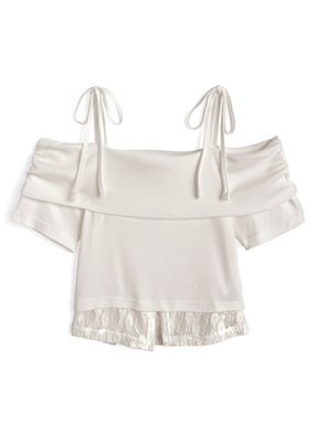 レース切替リボンストラップオフショルダートップス