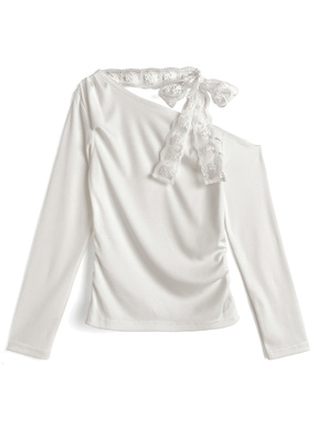 レースリボンギャザーワンショルダートップス