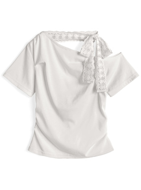 レースリボンギャザーワンショルダートップス