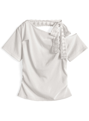 レースリボンギャザーワンショルダートップス