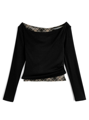 チェック柄レイヤード風アシンメトリートップス