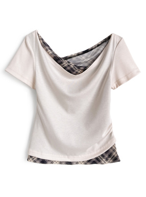 チェック柄レイヤード風アシンメトリートップス