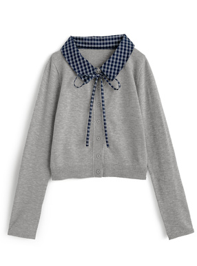 チェック柄襟付きニットカーディガン