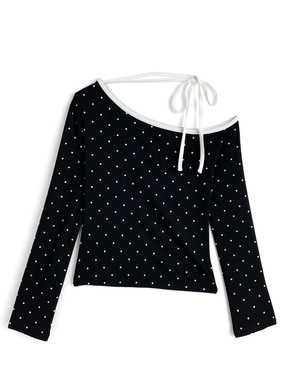 ドット柄配色リボンワンショルダートップス