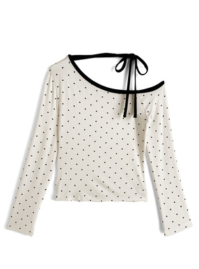 ドット柄配色リボンワンショルダートップス