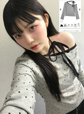 ドット柄配色リボンワンショルダートップス