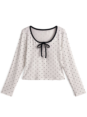 ドット柄配色リボントップス