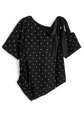 ドット柄ワンショルダーリボンイレヘムトップス