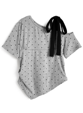 ドット柄ワンショルダーリボンイレヘムトップス