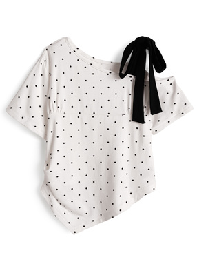 ドット柄ワンショルダーリボンイレヘムトップス