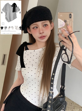 ドット柄ワンショルダーリボンイレヘムトップス