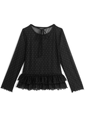 ドット柄ネックリボンメロウフリルメッシュトップス