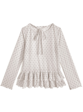 ドット柄ネックリボンメロウフリルメッシュトップス