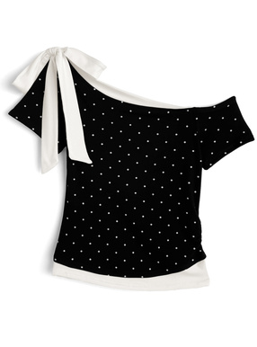 ドット柄レイヤード風ワンショルダーリボントップス