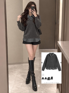 チェック柄シャツレイヤード風ニットトップス