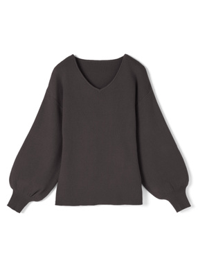 Vネックボリュームスリーブニットトップス